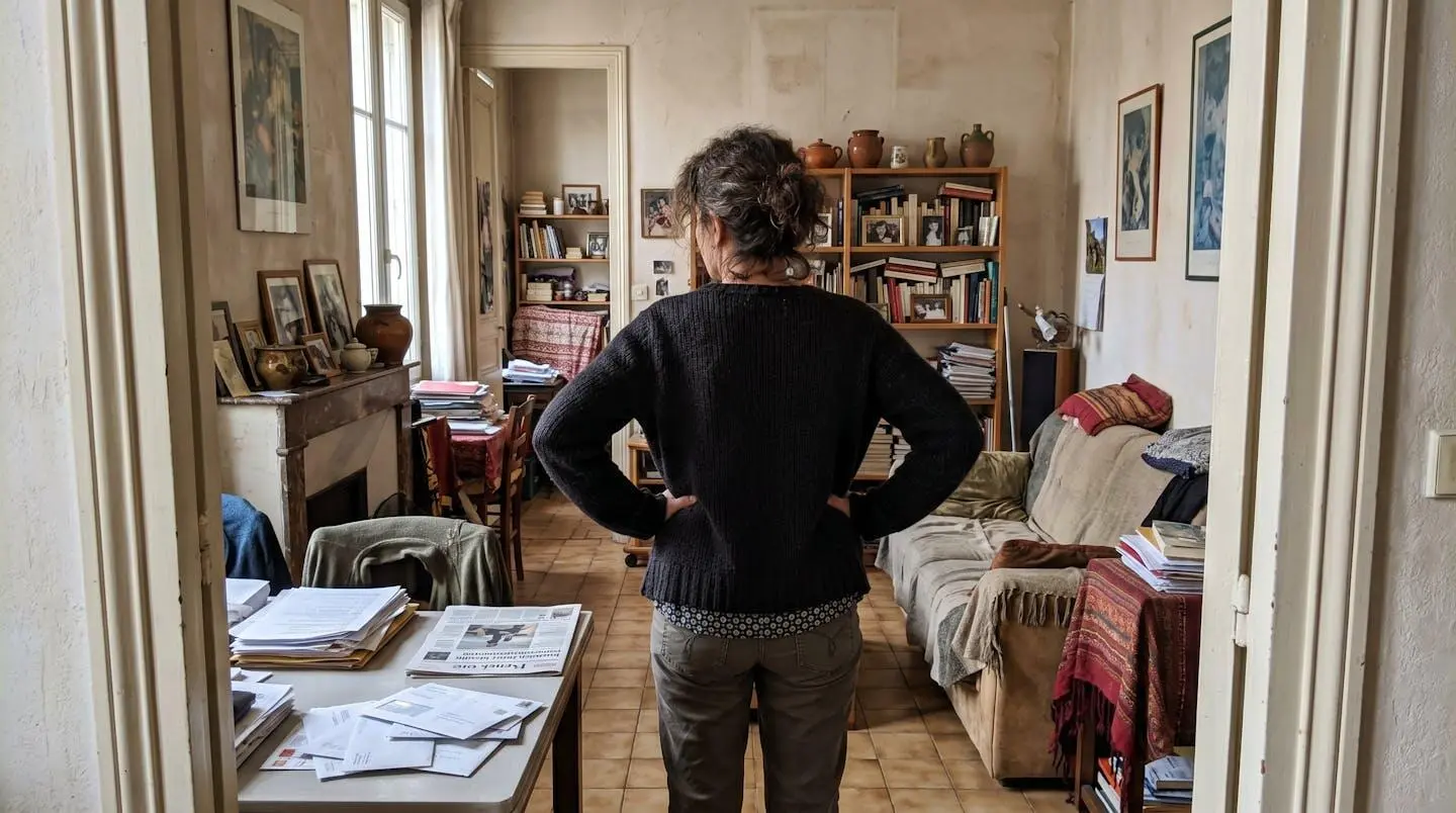 Femme de dos contemplant un appartement rempli de meubles et d